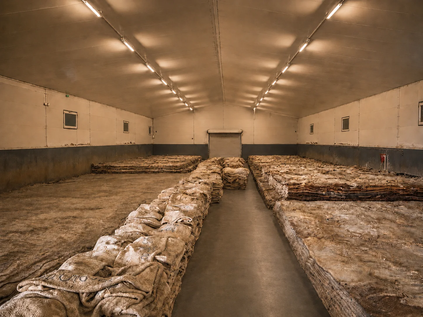 Interior storage area with sorted salted hides