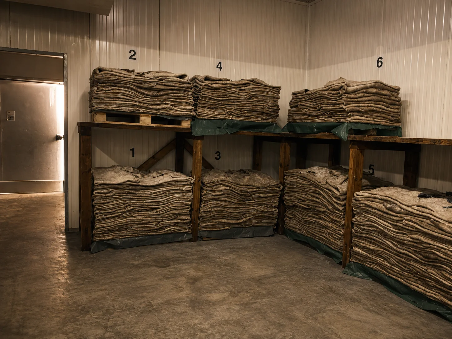 Numbered storage zones with stacked salted hides